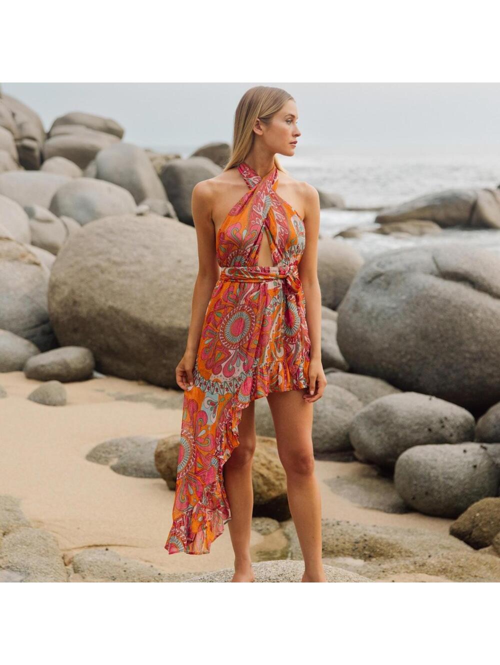 Colorful Abstract Print Halter High-Low Maxi Dress